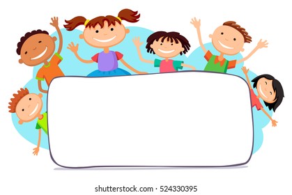 illustration of kids peeping behind horizontal banner vector