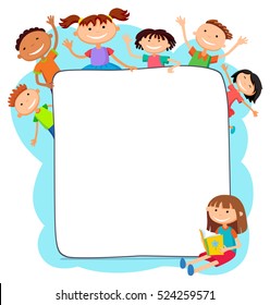 illustration of kids peeping behind placard children together vector template kids sitting girl with a book banner