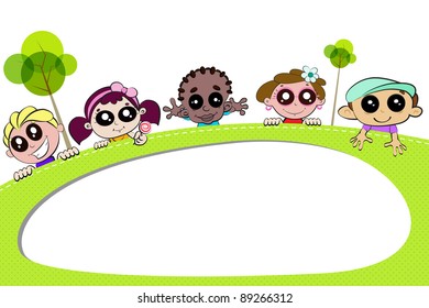 illustration of kids peeping behind placard