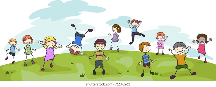 Illustration of Kids Performing Different Stunts in a Field