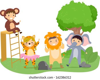 Illustration of Kids Performing on a Play With a Jungle Theme