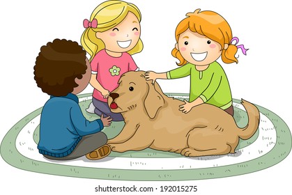 Illustration of Kids Petting a Dog