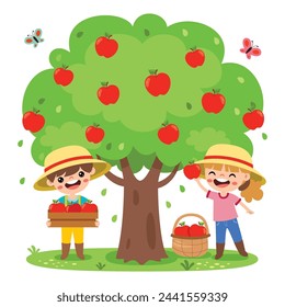 Illustration Of Kids Picking Apples