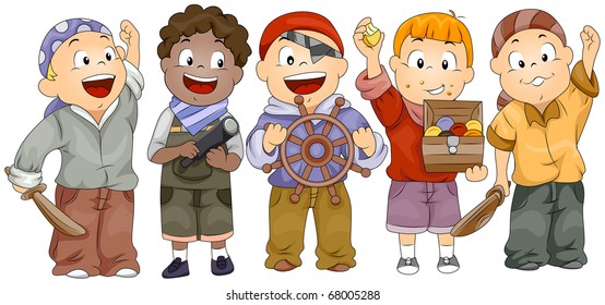 Illustration of Kids In Pirate Costumes Complete with Accessories