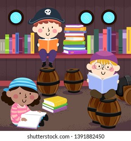Illustration of Kids Pirate Reading Books in a Pirate Themed Library with Barrels and Ship Windows