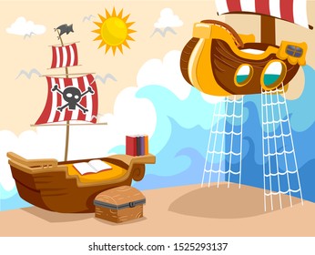 Illustration of a Kids Pirate Themed Bedroom with Ships as Beds