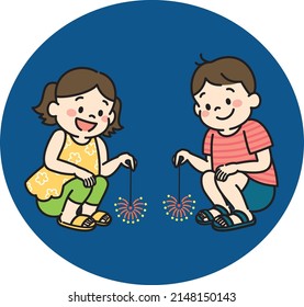 Illustration of kids play with fireworks