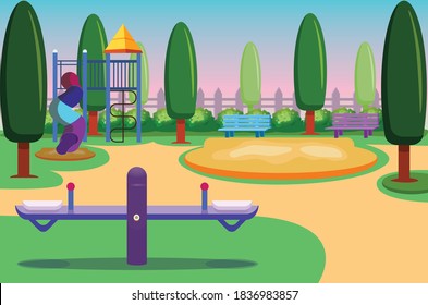 An Illustration Of A Kids Playground In An Urban Park. Dark Green Cartoon Pine Trees, A Jungle Gym With A Multicolored Slide, And A Purple See-saw. Abstract Sandbox, Blue And Purple Benches. Sunset.