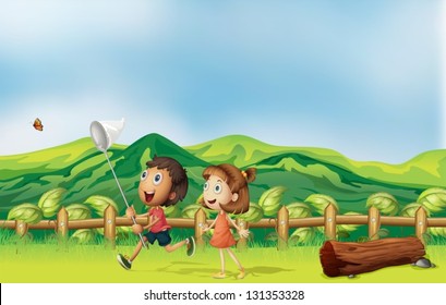 Illustration of the kids playing across the mountain