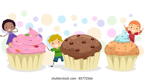 Illustration of Kids Playing Amongst Giant Cupcakes