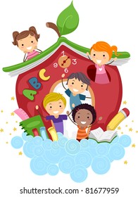 Illustration of Kids Playing in an Apple-Shaped School