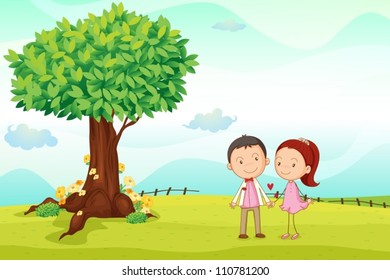 illustration of kids playing around tree in a nature