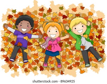 Illustration of Kids Playing with Autumn Leaves