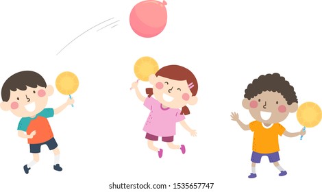 Illustration of Kids Playing Balloon Tennis Indoors