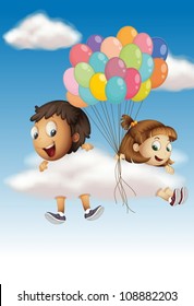 illustration of a kids playing with balloons in the sky