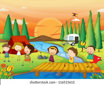 illustration of kids playing in beautiful nature