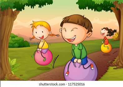 illustration of kids playing in a beautiful nature