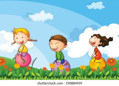 Illustration of the kids playing with the bouncing balloons