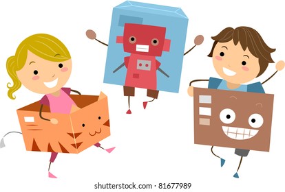 Illustration of Kids Playing with Boxes