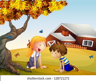 Illustration of kids playing with the butterflies near a big tree