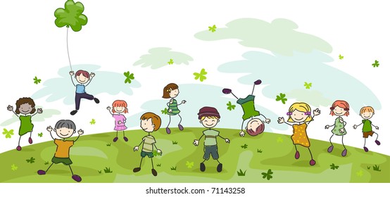 Illustration of Kids Playing with Clovers