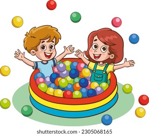 Illustration of Kids Playing with Colorful Balls on a White Background