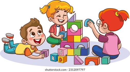 Illustration of Kids Playing with Colorful Blocks on a White Background