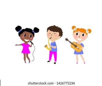 Illustration of kids playing different musical instruments  and singing songs. Vector design of banner poster design template for Kids isolated on white background
