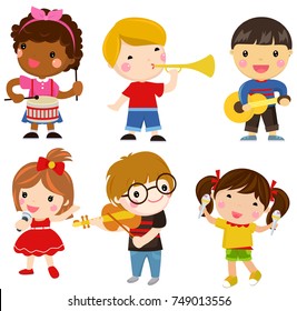 Illustration of Kids Playing Different Musical Instruments