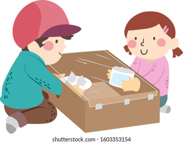 Illustration Of Kids Playing With A DIY Astronaut Glove Box Holding Water And Rocks Inside