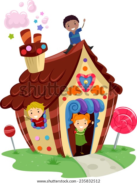 お菓子を使った高級な家で遊ぶ子どもたちのイラスト のベクター画像素材 ロイヤリティフリー