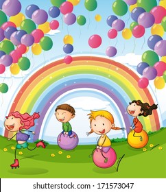  Illustration of the kids playing with floating balloons and rainbow in the sky