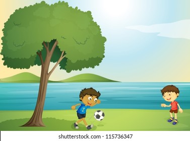 illustration of kids playing football in a beautiful nature