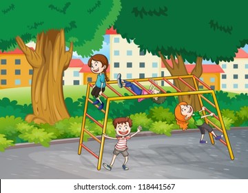 illustration of kids playing game in a beautiful nature