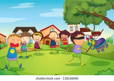 illustration of kids playing game in nature