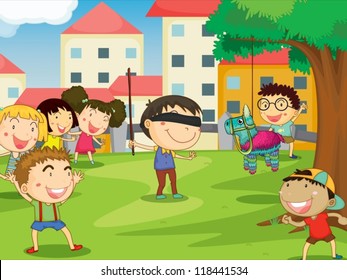 illustration of kids playing games in nature