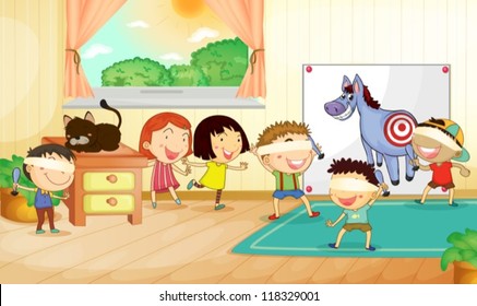 illustration of kids playing games in a room