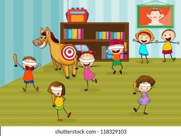 illustration of kids playing games in a room