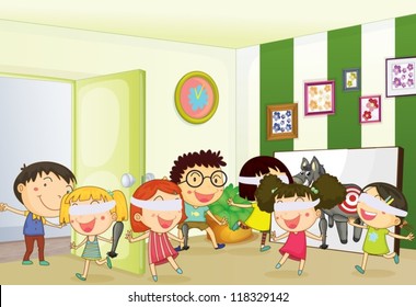 illustration of kids playing games in a room