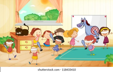 illustration of kids playing games in a room