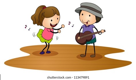 illustration of kids playing guitar n a white