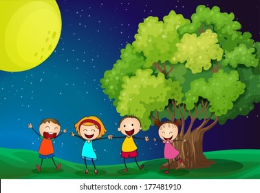 Illustration of the kids playing happily near the tree