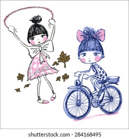 illustration of a kids playing happily outside.bicycle while the girl.girl jumping rope .