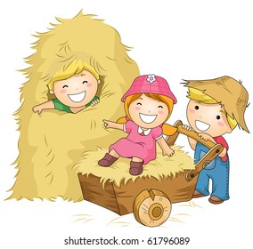 Illustration of Kids Playing with Haystacks and a Wheelbarrow - Vector