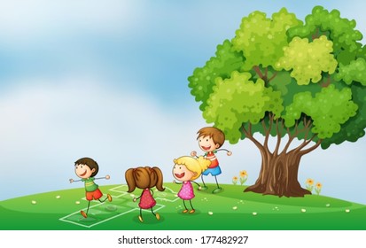 Illustration of the kids playing at the hilltop near the tree