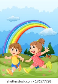 Illustration of the kids playing at the hilltop with a rainbow in the sky