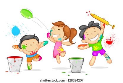 illustration of kids playing holi with color and pichkari