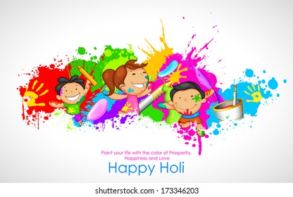 illustration of kids playing Holi with color and pichkari