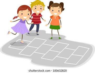 Illustration of Kids Playing Hopscotch