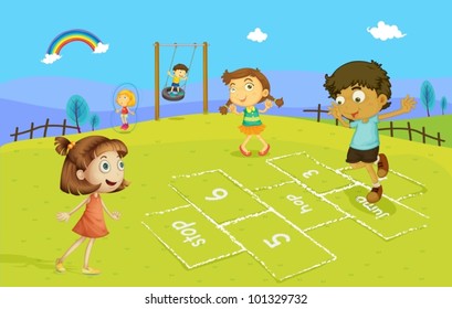 Illustration of kids playing hopscotch